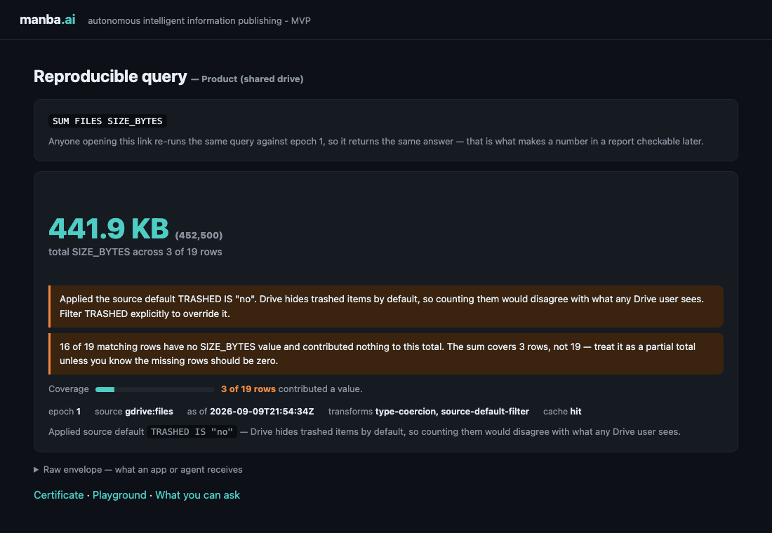 A SUM result: 441.9 KB across 3 of 19 rows, with warnings, coverage bar, source default and provenance